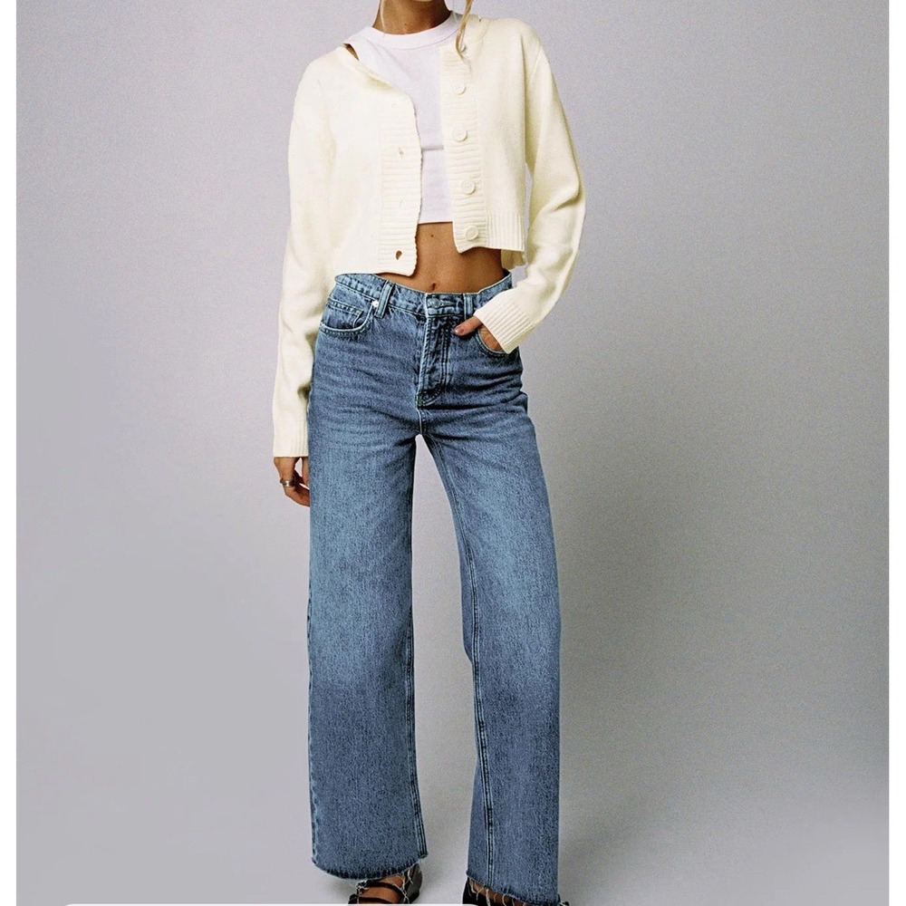 Princess Polly Fawcett High Rise Straight Jeans Mid‎ Blue Wash Raw Edge Hem Sz 2